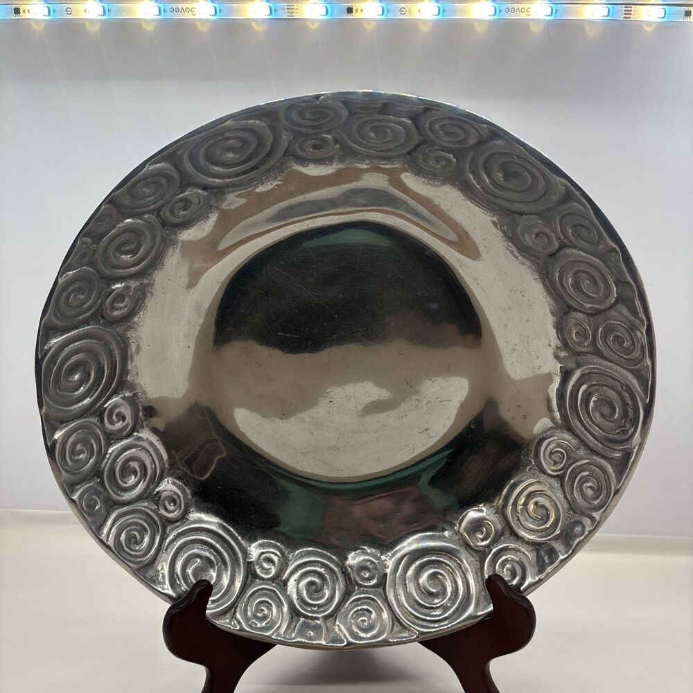 Vintage Cast Aluminum Round Serving Bowl Raised Spiral Design 12.75"